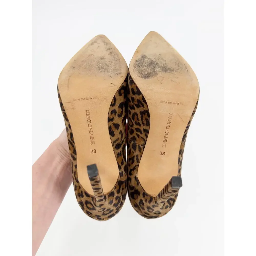 Manolo Blahnik BB Leopard Print Suede Pointed Toe Stiletto Pumps Size 38 EU 7.5